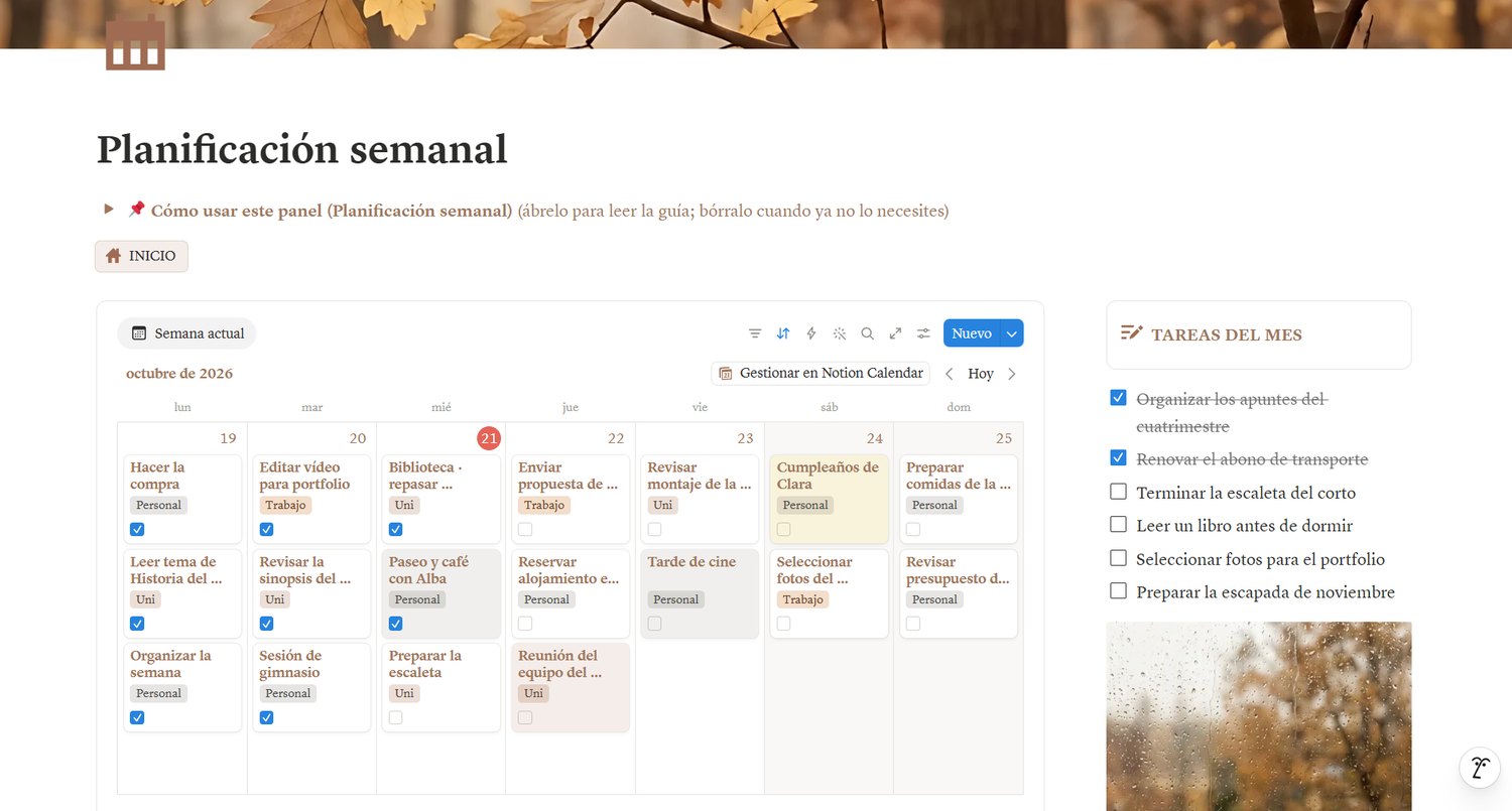 Calendario semanal y tareas del mes