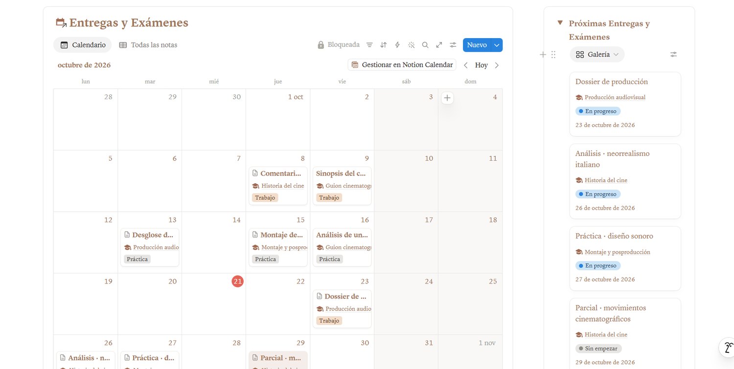 Calendario de entregas y exámenes con las próximas fechas